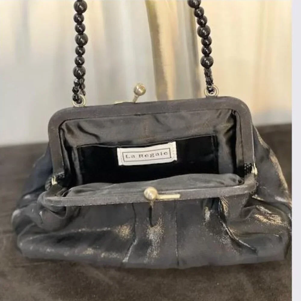 La Regale Black Satin Ruched Evening Bag with Beaded Handle & Kissing Lock Snap